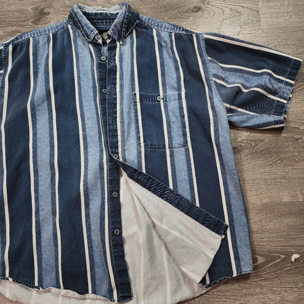 VINTAGE 90s SANTANA 100% Cotton Striped Denim Button Down Shirt Men's Large